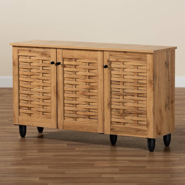 Baxton Studio Winda Modern and Contemporary Oak Brown Finished Wood 3-Door Shoe Cabinet - 189-11988-ZORO