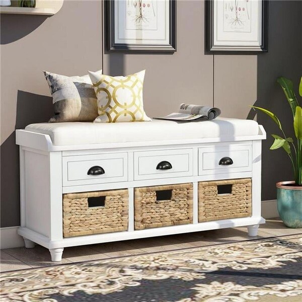 Direct Wicker White Rustic Storage Bench with 3 Rattan Drawers, Shoe Bench for Living Room, Entryway - UBS-WF195161AAK