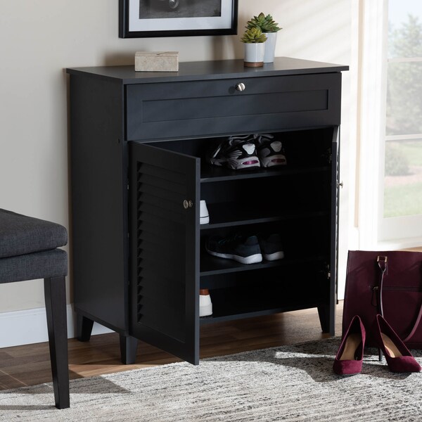 Baxton Studio Coolidge Grey Finished 4-Shelf Wood Shoe Storage Cabinet with Drawer - 156-9556