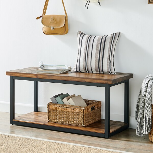 Alaterre Furniture Claremont 40" Rustic Wood Bench with Low Shelf - ANCM0474