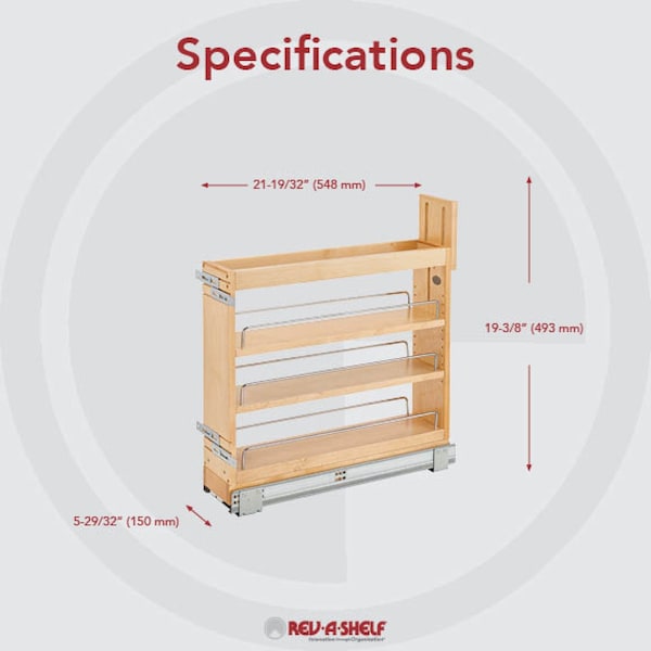 Rev-A-Shelf Maple Veneer, Light Brown, 6 in W, 19.39 in H, 21.59 in D, 21.65 in L, Light Brown - 448-BDDSC-5C