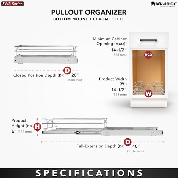 Rev-A-Shelf Steel, Silver, 14.5 in W, 5.56 in H, 20 in D, 19.75 in L, Silver - 5WB1-1520CR-1