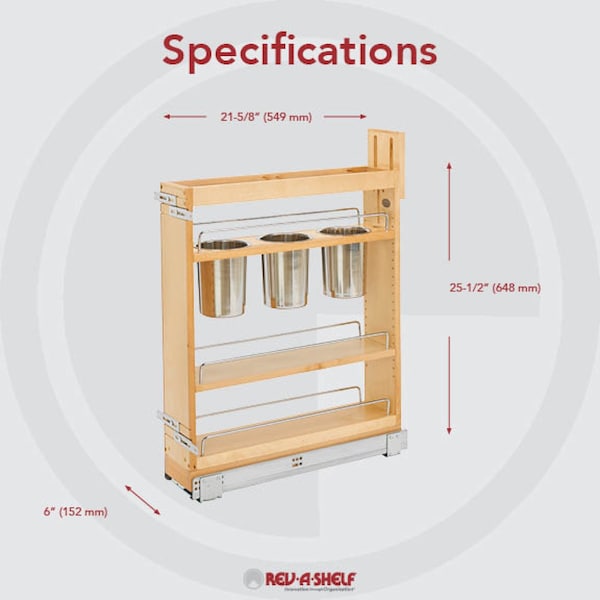 Rev-A-Shelf Maple Veneer, Light Brown, 6.25 in W, 25.6 in H, 21.75 in D, 21.75 in L, Light Brown - 449UT-BCSC-5C