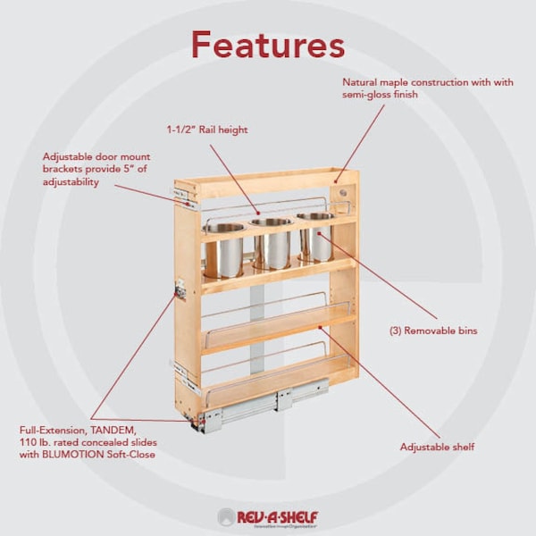 Rev-A-Shelf Maple Veneer, Light Brown, 6.25 in W, 25.6 in H, 21.75 in D, 21.75 in L, Light Brown - 449UT-BCSC-5C
