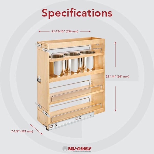 Rev-A-Shelf Maple Veneer, Light Brown, 7.5 in W, 25.25 in H, 21.81 in D, 21.75 in L, Light Brown - 449UT-BCSC-7C