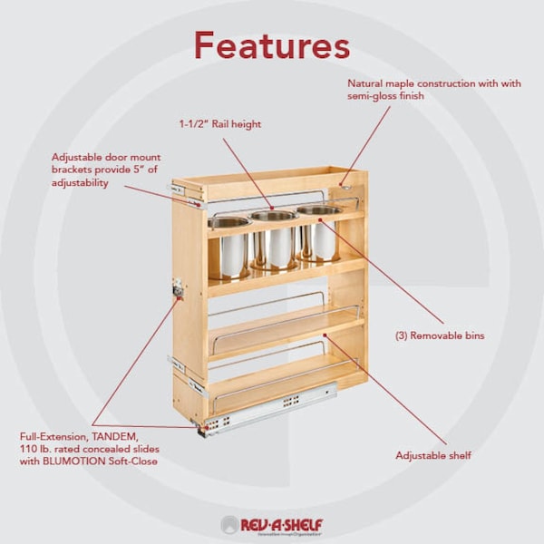 Rev-A-Shelf Maple Veneer, Light Brown, 7.5 in W, 25.25 in H, 21.81 in D, 21.75 in L, Light Brown - 449UT-BCSC-7C