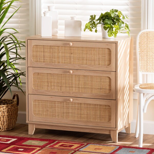 Baxton Studio Elsbeth Japandi Oak Brown Finished Wood and Natural Rattan 3-Drawer Storage Cabinet - 227-12953-ZORO