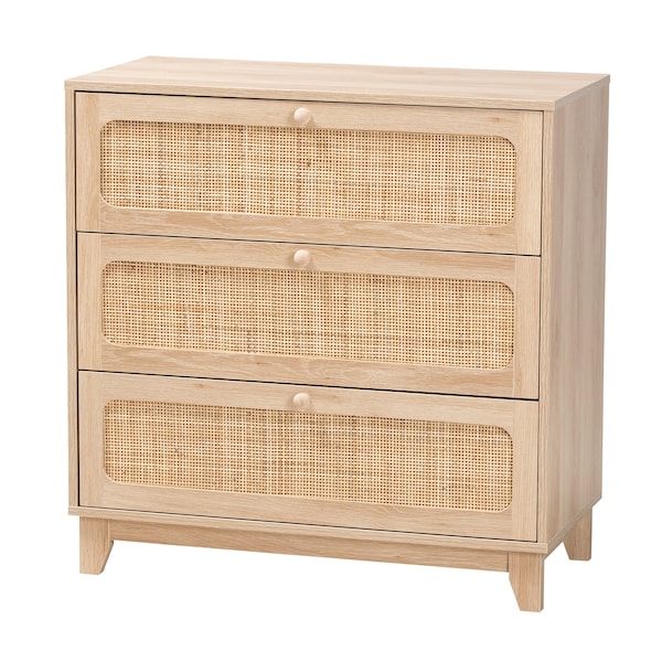 Baxton Studio Elsbeth Japandi Oak Brown Finished Wood and Natural Rattan 3-Drawer Storage Cabinet - 227-12953-ZORO