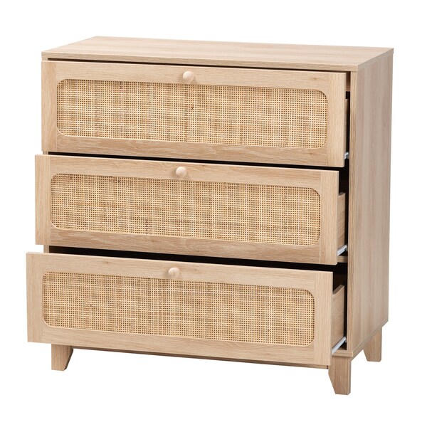 Baxton Studio Elsbeth Japandi Oak Brown Finished Wood and Natural Rattan 3-Drawer Storage Cabinet - 227-12953-ZORO