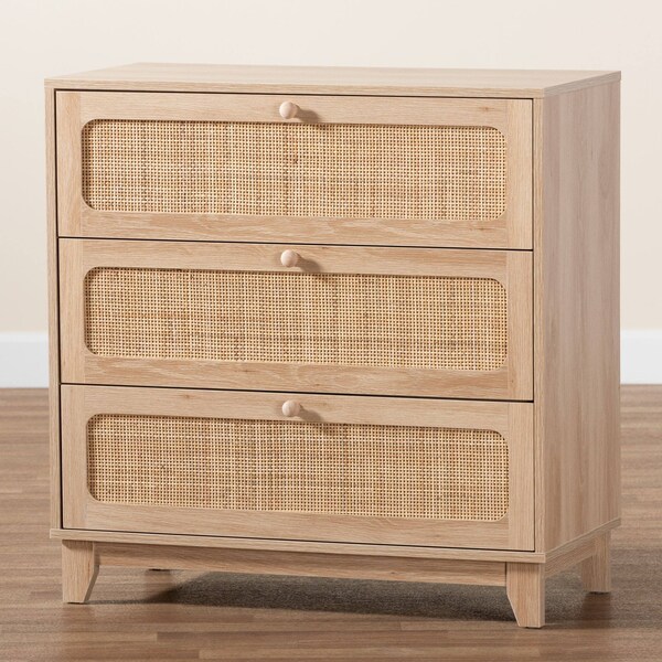 Baxton Studio Elsbeth Japandi Oak Brown Finished Wood and Natural Rattan 3-Drawer Storage Cabinet - 227-12953-ZORO