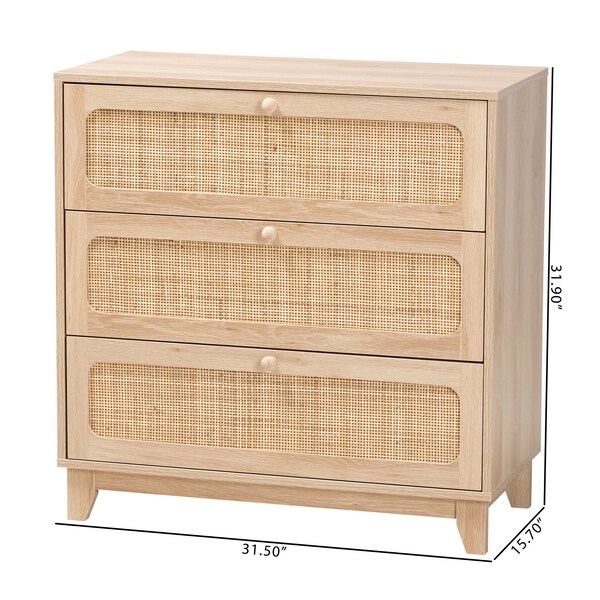 Baxton Studio Elsbeth Japandi Oak Brown Finished Wood and Natural Rattan 3-Drawer Storage Cabinet - 227-12953-ZORO