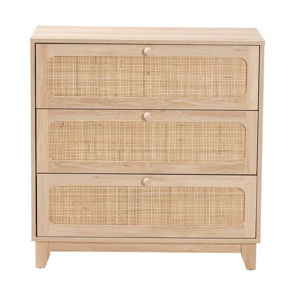 Baxton Studio Elsbeth Japandi Oak Brown Finished Wood and Natural Rattan 3-Drawer Storage Cabinet - 227-12953-ZORO