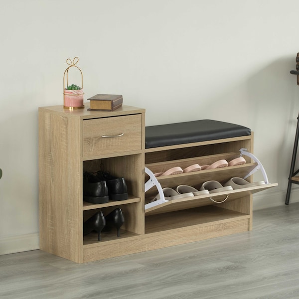Basicwise Wooden Entryway Shoe Storage Bench with Cushion, Oak - QI003942.OK
