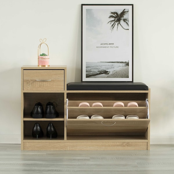 Basicwise Wooden Entryway Shoe Storage Bench with Cushion, Oak - QI003942.OK