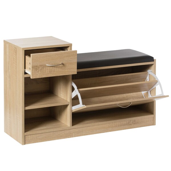 Basicwise Wooden Entryway Shoe Storage Bench with Cushion, Oak - QI003942.OK