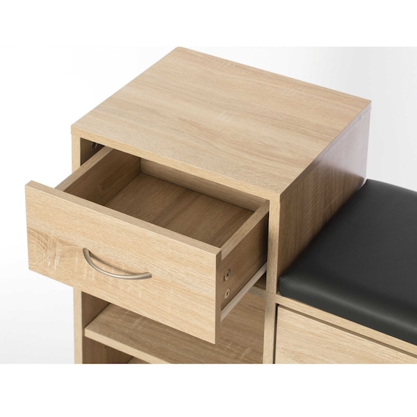Basicwise Wooden Entryway Shoe Storage Bench with Cushion, Oak - QI003942.OK