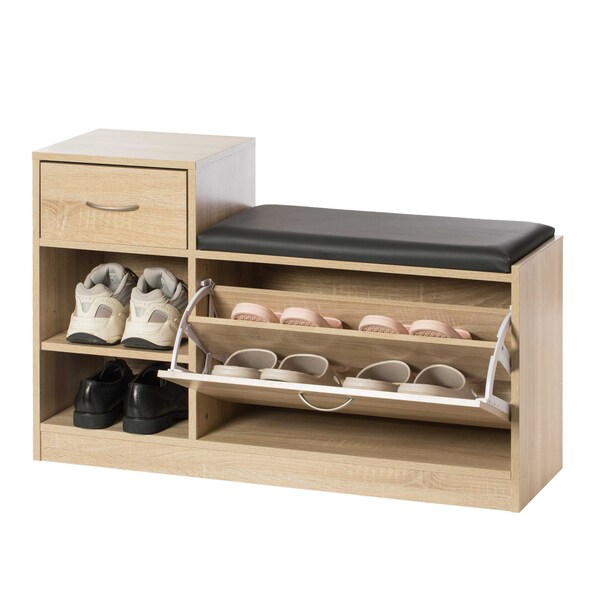 Basicwise Wooden Entryway Shoe Storage Bench with Cushion, Oak - QI003942.OK