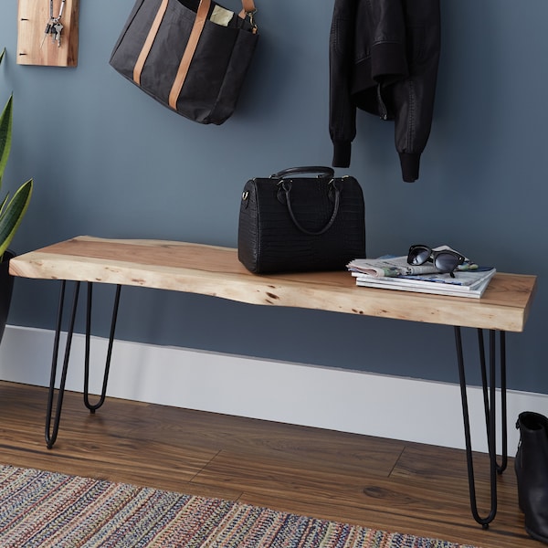 Alaterre Furniture Hairpin Natural Live Edge Wood with Metal 48" Bench, Natural - AWDD0420