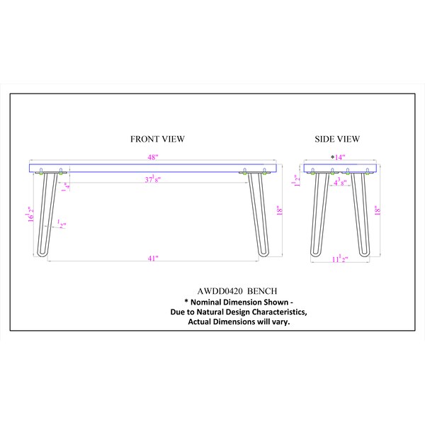 Alaterre Furniture Hairpin Natural Live Edge Wood with Metal 48" Bench, Natural - AWDD0420