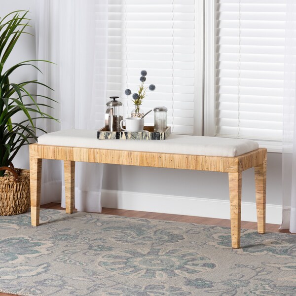 Baxton Studio Sofia Modern Bohemian Natural Brown Rattan and Mahogany Wood Bench - 228-13094-ZORO