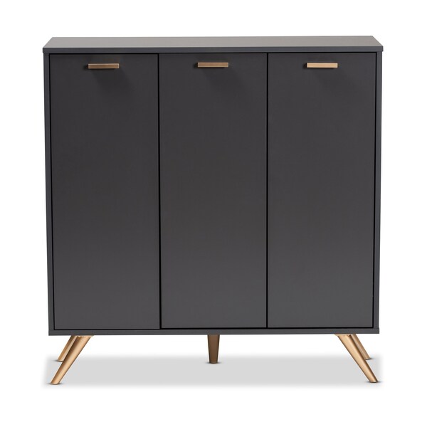 Baxton Studio Kelson Modern and Contemporary Dark Grey and Gold Finished Wood 3-Door Shoe Cabinet - 189-11574-ZORO