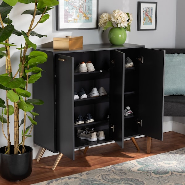Baxton Studio Kelson Modern and Contemporary Dark Grey and Gold Finished Wood 3-Door Shoe Cabinet - 189-11574-ZORO