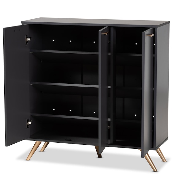 Baxton Studio Kelson Modern and Contemporary Dark Grey and Gold Finished Wood 3-Door Shoe Cabinet - 189-11574-ZORO