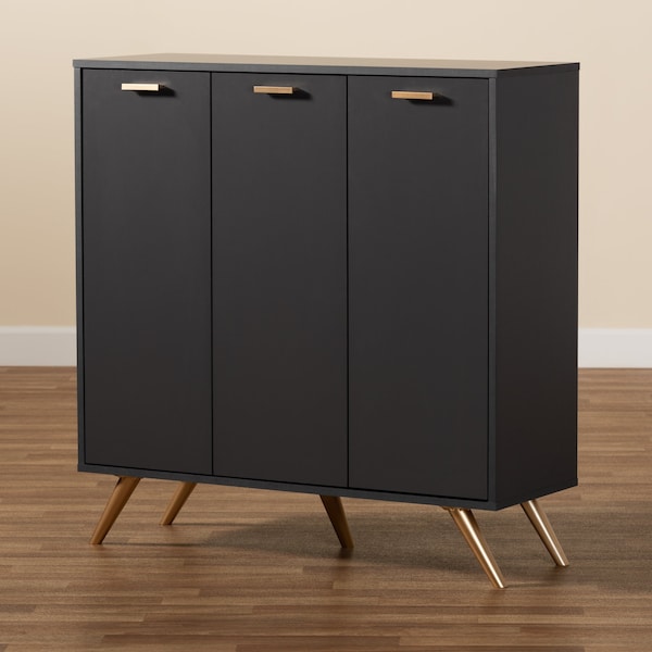 Baxton Studio Kelson Modern and Contemporary Dark Grey and Gold Finished Wood 3-Door Shoe Cabinet - 189-11574-ZORO