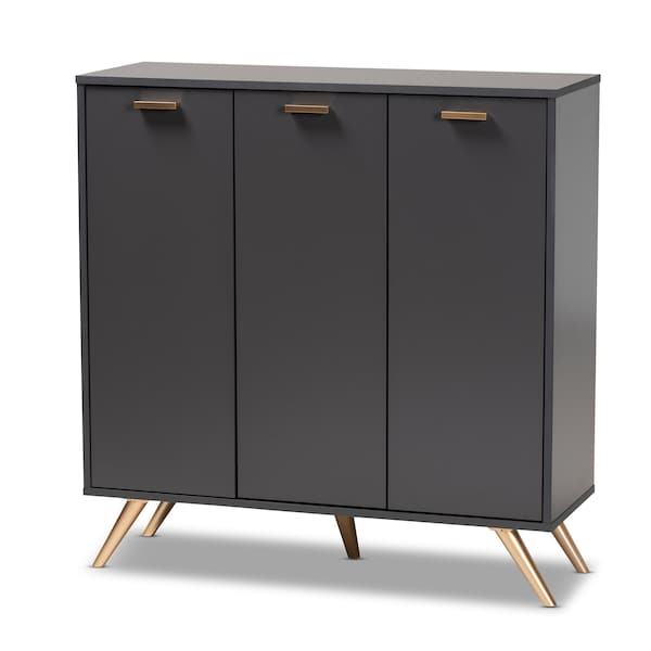 Baxton Studio Kelson Modern and Contemporary Dark Grey and Gold Finished Wood 3-Door Shoe Cabinet - 189-11574-ZORO