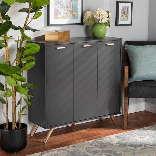 Baxton Studio Kelson Modern and Contemporary Dark Grey and Gold Finished Wood 3-Door Shoe Cabinet - 189-11574-ZORO