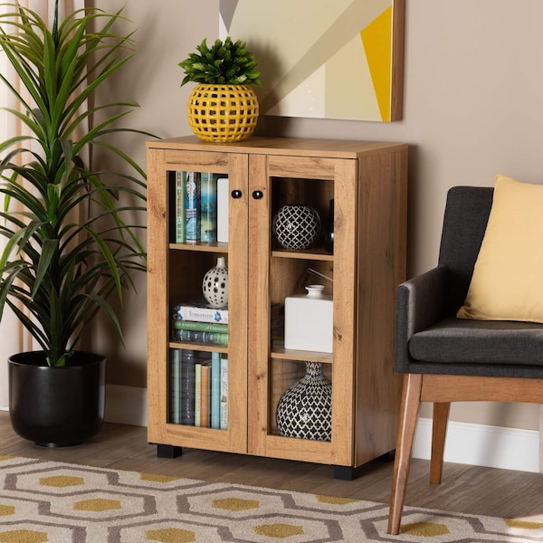 Baxton Studio Mason Modern and Contemporary Oak Brown Finished Wood 2-Door Storage Cabinet with Glass Doors - 189-11976-ZORO