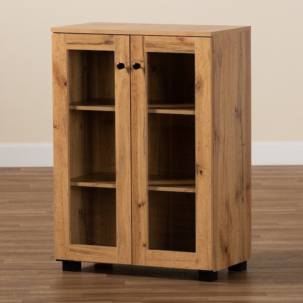 Baxton Studio Mason Modern and Contemporary Oak Brown Finished Wood 2-Door Storage Cabinet with Glass Doors - 189-11976-ZORO