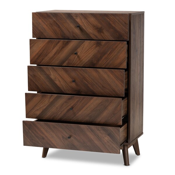 Baxton Studio Hartman Mid-Century Walnut Brown Finished Wood 5-Drawer Storage Chest - 193-12378-ZORO