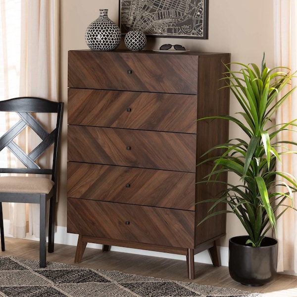 Baxton Studio Hartman Mid-Century Walnut Brown Finished Wood 5-Drawer Storage Chest - 193-12378-ZORO