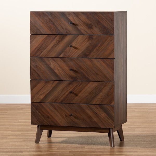 Baxton Studio Hartman Mid-Century Walnut Brown Finished Wood 5-Drawer Storage Chest - 193-12378-ZORO