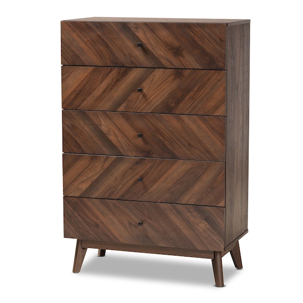 Baxton Studio Hartman Mid-Century Walnut Brown Finished Wood 5-Drawer Storage Chest - 193-12378-ZORO