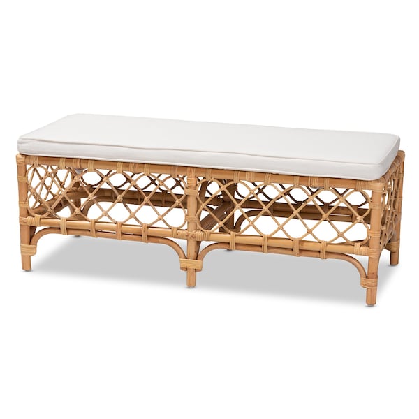 Baxton Studio Orchard Modern Bohemian White Fabric Upholstered and Natural Brown Rattan Bench - 203-12584