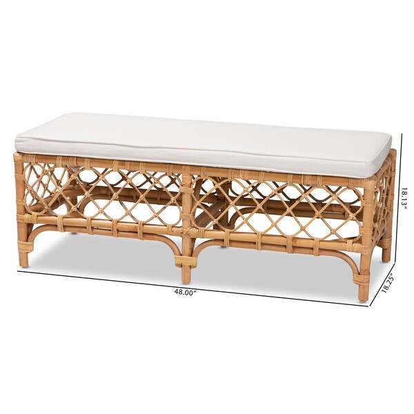 Baxton Studio Orchard Modern Bohemian White Fabric Upholstered and Natural Brown Rattan Bench - 203-12584