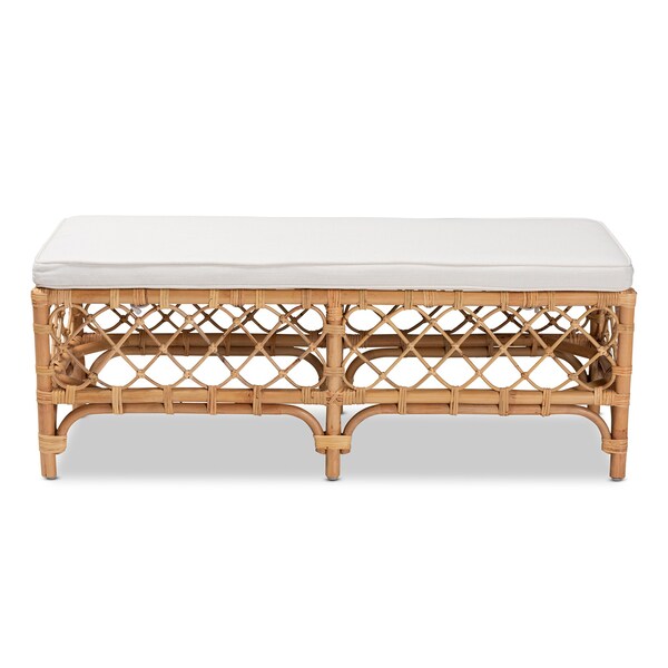 Baxton Studio Orchard Modern Bohemian White Fabric Upholstered and Natural Brown Rattan Bench - 203-12584