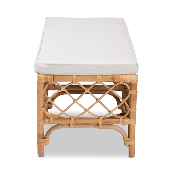 Baxton Studio Orchard Modern Bohemian White Fabric Upholstered and Natural Brown Rattan Bench - 203-12584