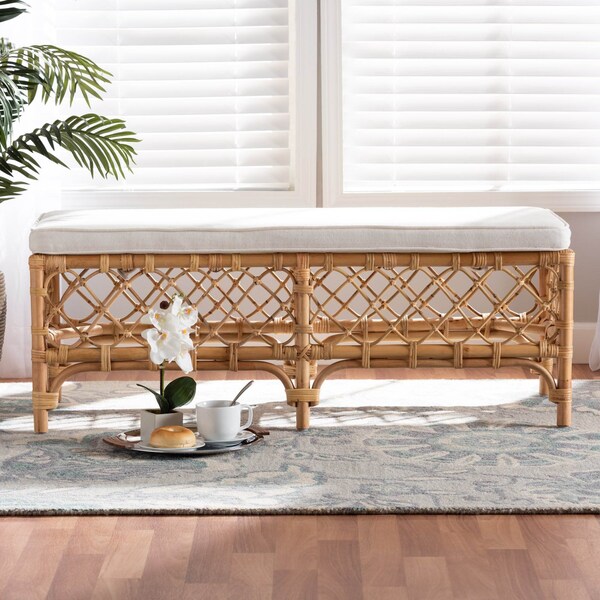 Baxton Studio Orchard Modern Bohemian White Fabric Upholstered and Natural Brown Rattan Bench - 203-12584
