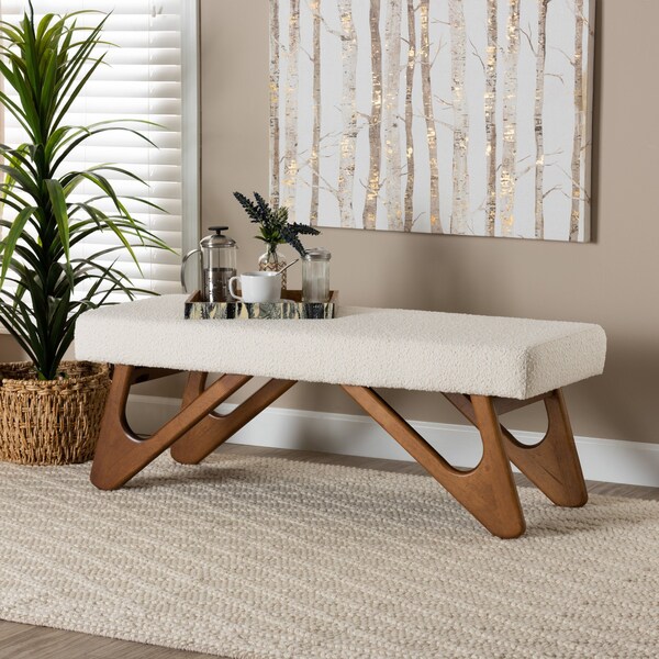 Baxton Studio Rika Japandi Cream Boucle Fabric and Walnut Brown Finished Wood Bench - 228-12922-ZORO