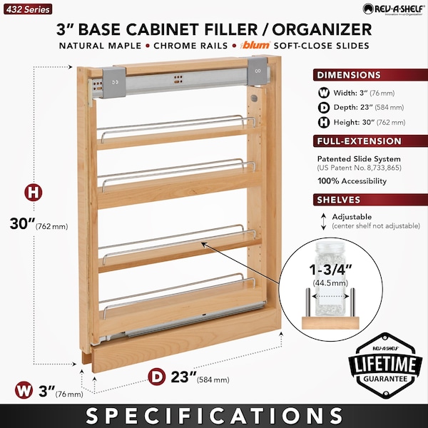 Rev-A-Shelf Maple Veneer, Light Brown, 3 in W, 30 in H, 23 in D, 23 in L, Light Brown - 432-BFSC-3C