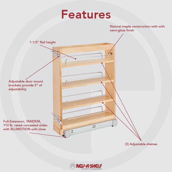 Rev-A-Shelf Maple Veneer, Light Brown, 6 in W, 25.5 in H, 19.56 in D, 19.65 in L, Light Brown - 448-BC19SC-5C