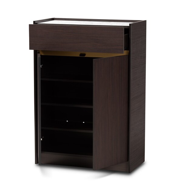 Baxton Studio Walker Modern and Contemporary Dark Brown and Gold Finished Wood Shoe Cabinet with Faux Marble Top - 189-11619-ZORO