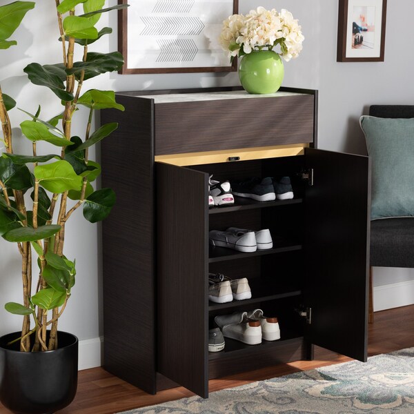 Baxton Studio Walker Modern and Contemporary Dark Brown and Gold Finished Wood Shoe Cabinet with Faux Marble Top - 189-11619-ZORO