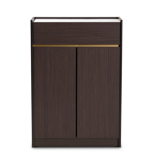 Baxton Studio Walker Modern and Contemporary Dark Brown and Gold Finished Wood Shoe Cabinet with Faux Marble Top - 189-11619-ZORO