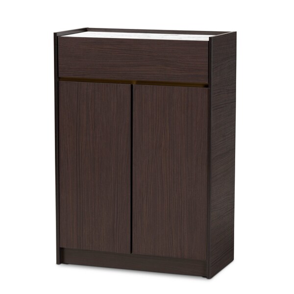 Baxton Studio Walker Modern and Contemporary Dark Brown and Gold Finished Wood Shoe Cabinet with Faux Marble Top - 189-11619-ZORO