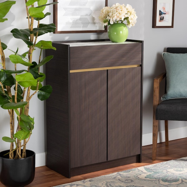 Baxton Studio Walker Modern and Contemporary Dark Brown and Gold Finished Wood Shoe Cabinet with Faux Marble Top - 189-11619-ZORO