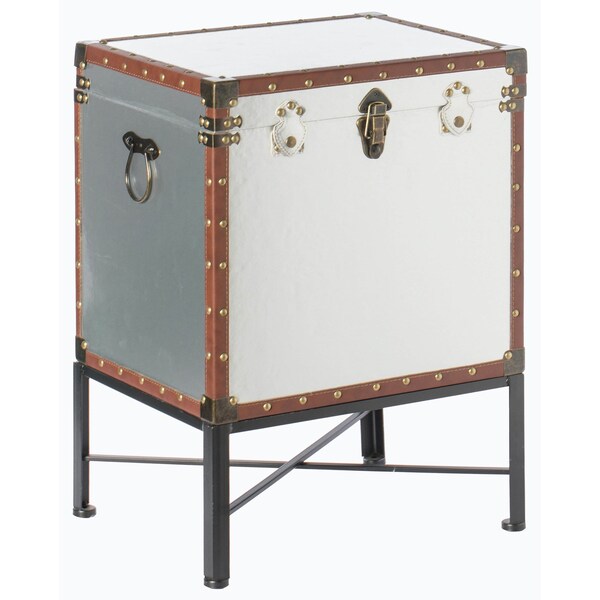 Vintiquewise Silver and Brown Trimmed Faux Leather Lockable Square Lined Storage Trunk, End Table on Metal Stand - QI003796.SI